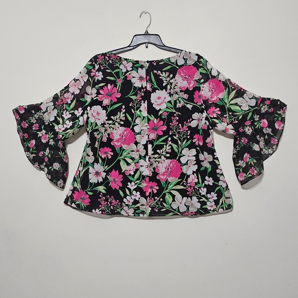 Kasper Woman Top Blouse 2X Black Floral Pink Pullover Crew Flutter Sleeves 0767 - Picture 11 of 13
